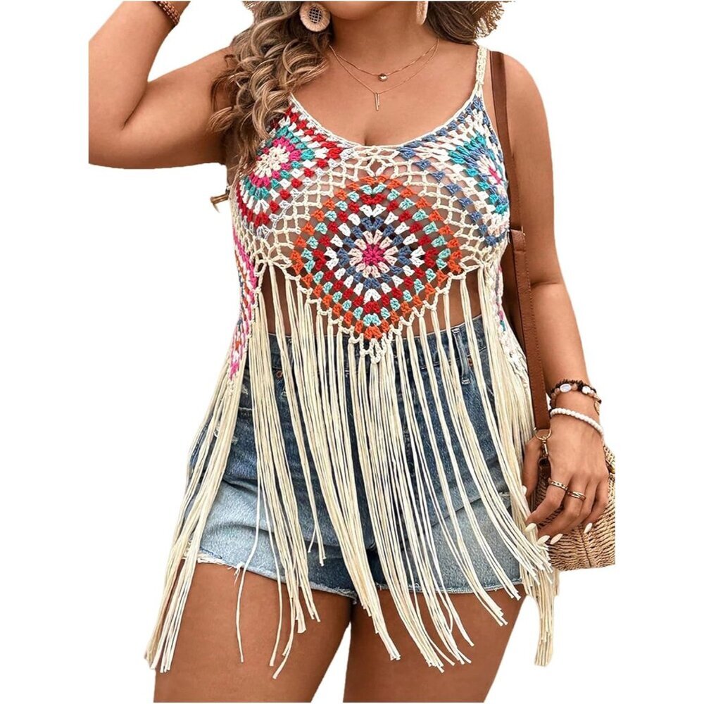 Plus Size Women's Floral Crochet Cami Top Boho Hollow Out Fringe Sleeveless Cove